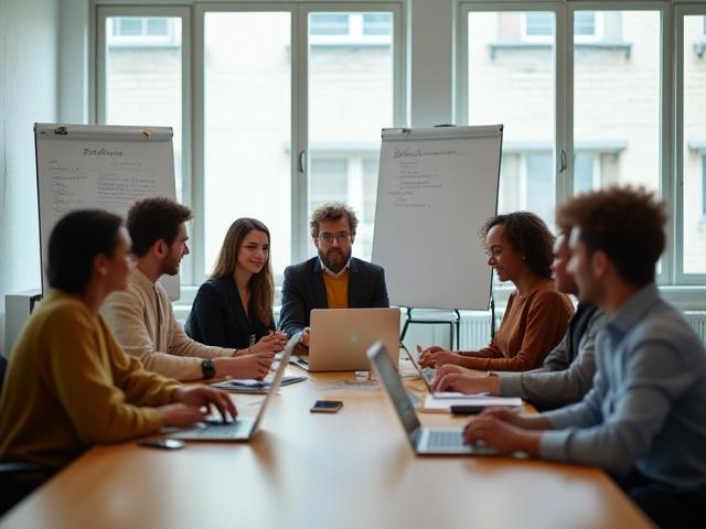 Un equipo diverso de creativos trabajando juntos en un espacio moderno y colaborativo, simbolizando la misión de democratizar la educación.
