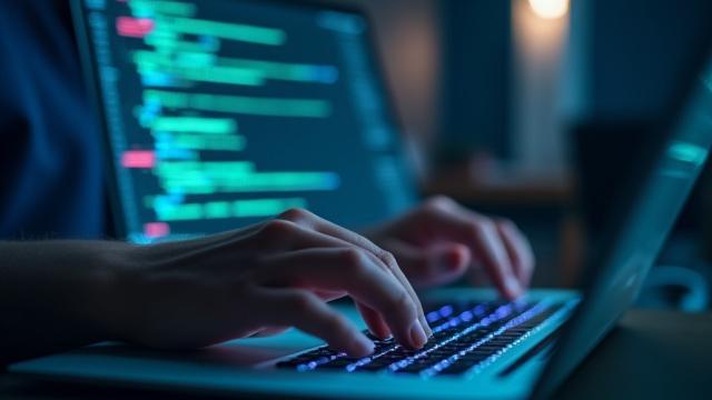 Desarrollador programando código en un editor de texto sobre una pantalla de computadora, con logos de Swift y Kotlin.