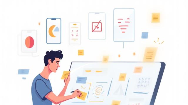 Persona esbozando ideas de aplicaciones móviles en una pizarra o tablet, rodeada de conceptos creativos.