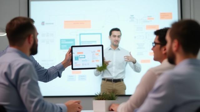 Diseñador de UX presentando un prototipo interactivo en una tableta, con gráficos de experiencia de usuario de fondo.