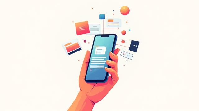 Ilustración de interfaz de usuario móvil en desarrollo, con elementos de diseño y colores vibrantes.