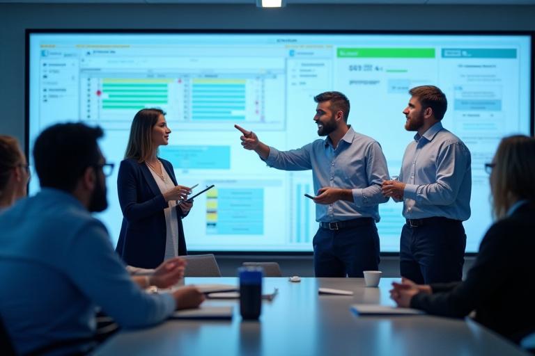Equipo de profesionales en una reunión de negocios, discutiendo sobre pantallas y gráficos, representando soluciones empresariales.